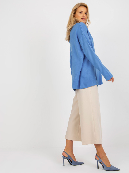 Pulover lung oversize albastru cu guler RUE PARIS