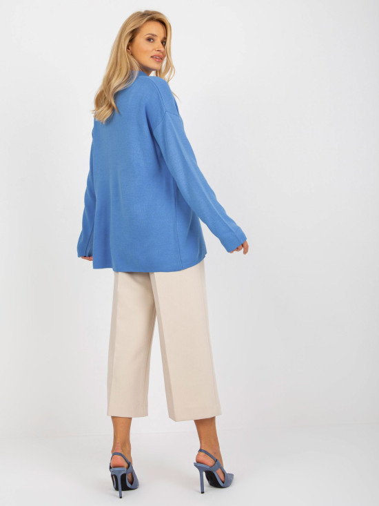Pulover lung oversize albastru cu guler RUE PARIS
