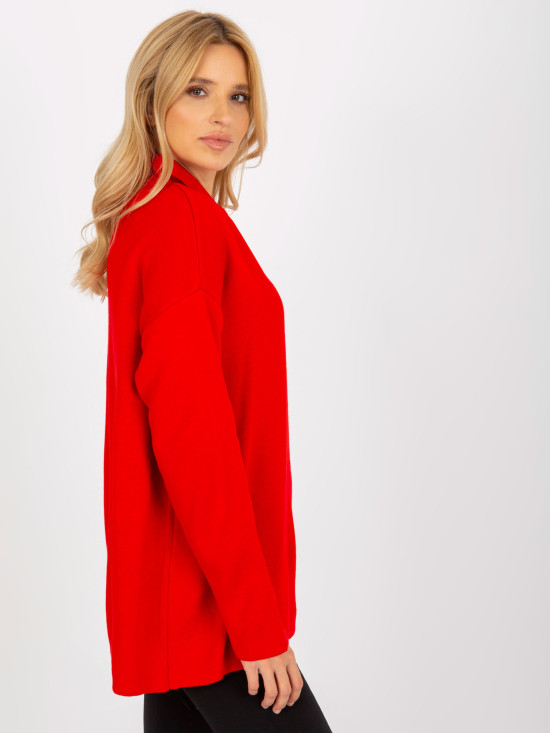 Pulover lung oversize roșu cu guler RUE PARIS
