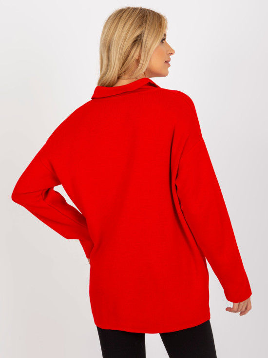Pulover lung oversize roșu cu guler RUE PARIS