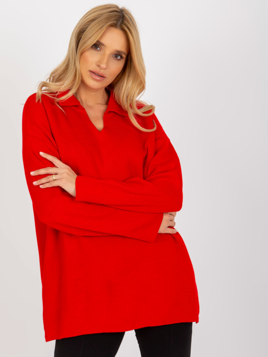 Pulover lung oversize roșu cu guler RUE PARIS