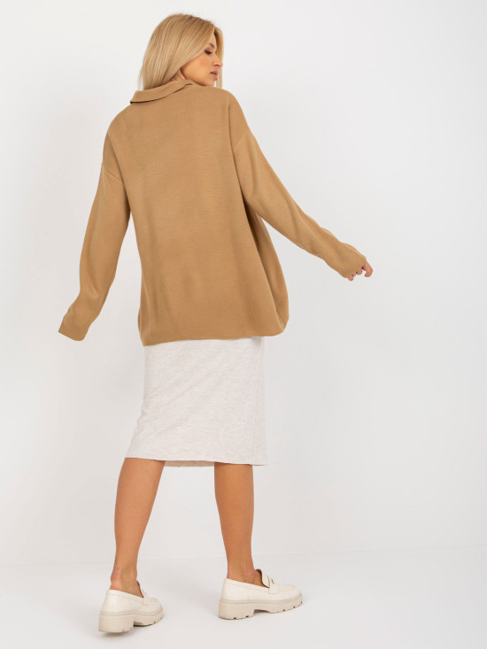 Pulover oversize pentru femei, camel, cu guler RUE PARIS