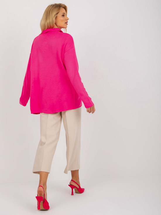 Pulover oversize roz fluorescent cu guler RUE PARIS