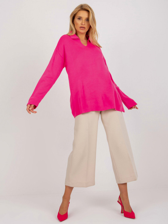 Pulover oversize roz fluorescent cu guler RUE PARIS
