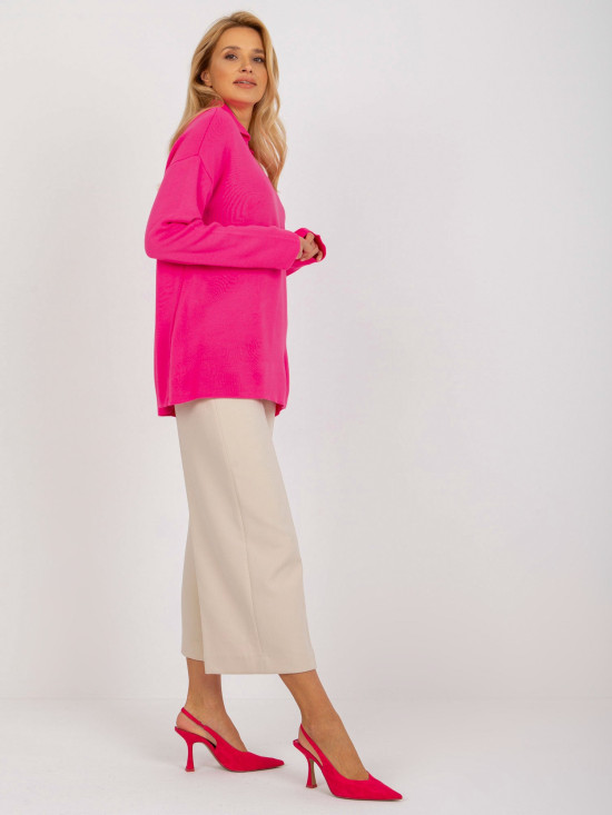 Pulover oversize roz fluorescent cu guler RUE PARIS