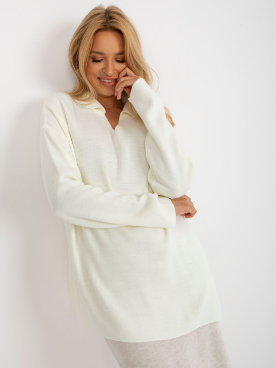 Pulover lung oversize ecru cu guler RUE PARIS