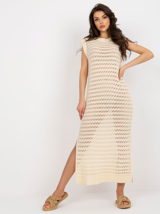 Rochie maxi tricotată bej deschis cu fante