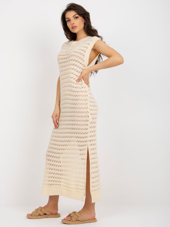 Rochie maxi tricotată bej deschis cu fante