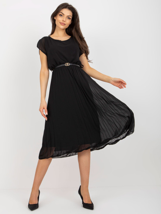 Rochie plisată neagră cu decolteu rotund