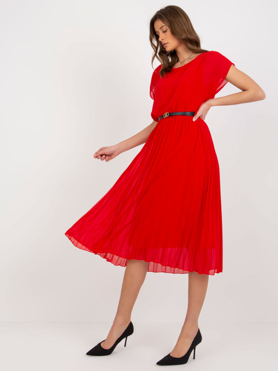 Rochie midi plisată roșie cu curea