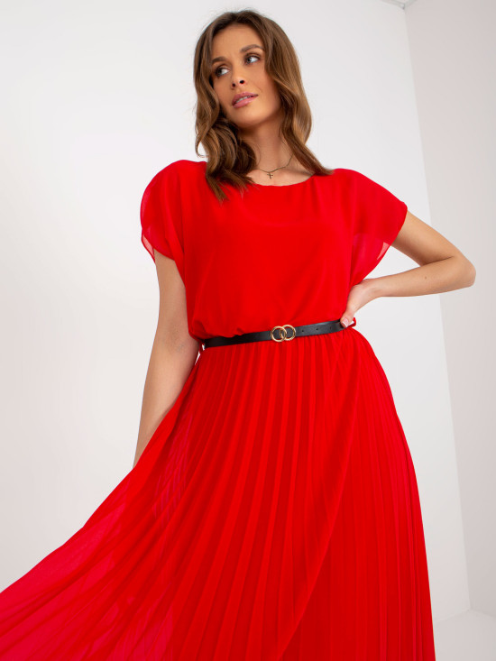 Rochie midi plisată roșie cu curea