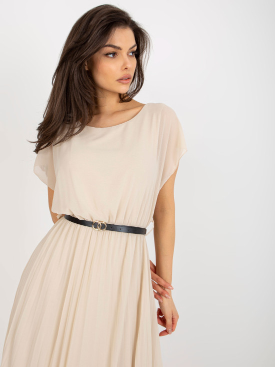 Rochie midi bej cu croi evazat și pliseuri