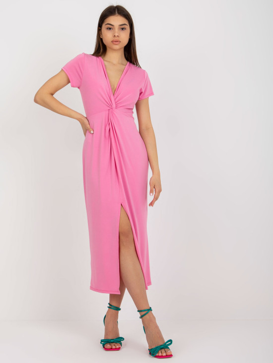 Rochie midi roz de cocktail cu fante