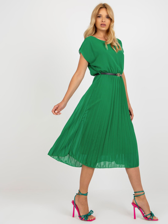 Rochie plisată verde închis cu mâneci scurte