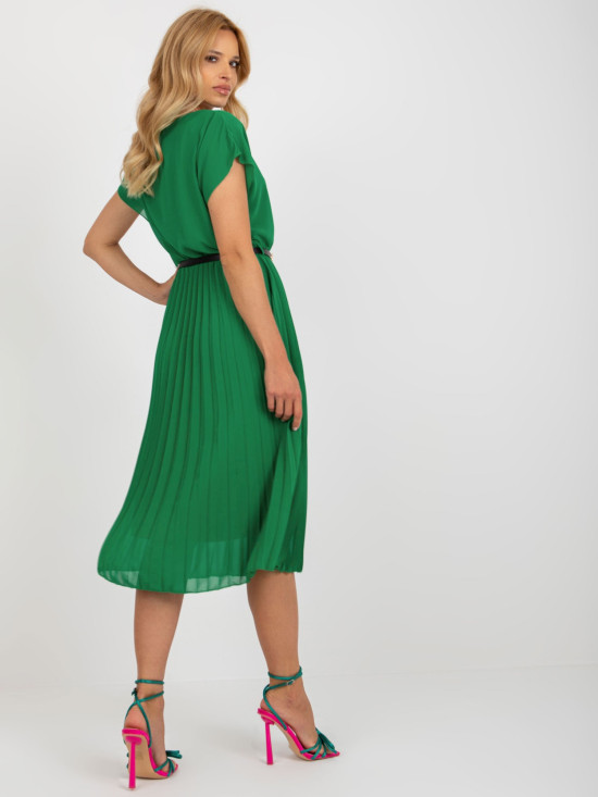 Rochie plisată verde închis cu mâneci scurte