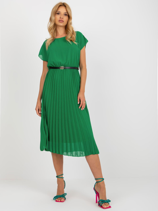 Rochie plisată verde închis cu mâneci scurte