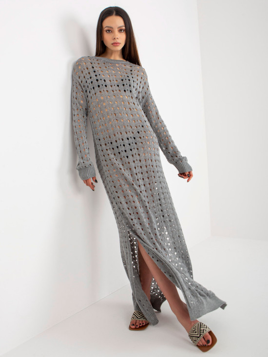 Rochie maxi tricotată gri cu mâneci lungi