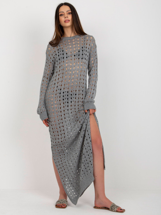 Rochie maxi tricotată gri cu mâneci lungi