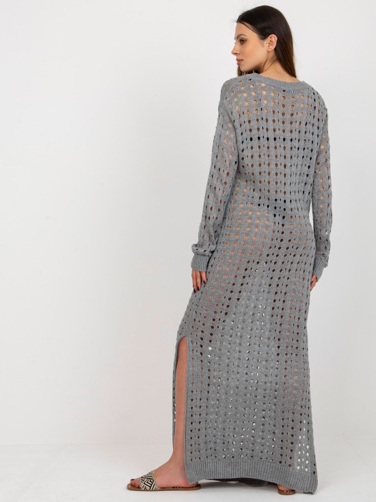 Rochie maxi tricotată gri cu mâneci lungi