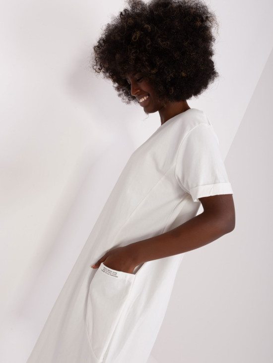 Rochie basic ecru din bumbac până la genunchi