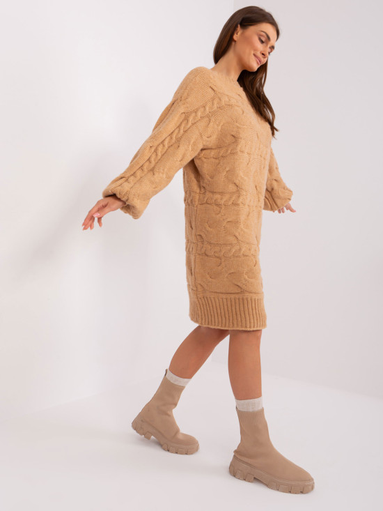 Rochie tricotată camel cu împletituri