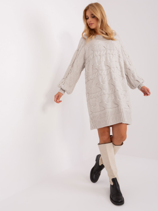 Rochie tricotată bej deschis cu mâneci bufante
