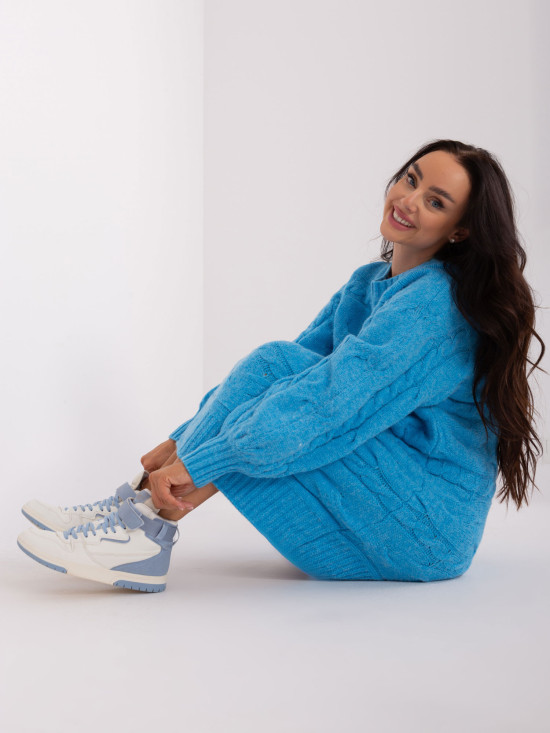Rochie tricotată albastră cu mâneci lungi