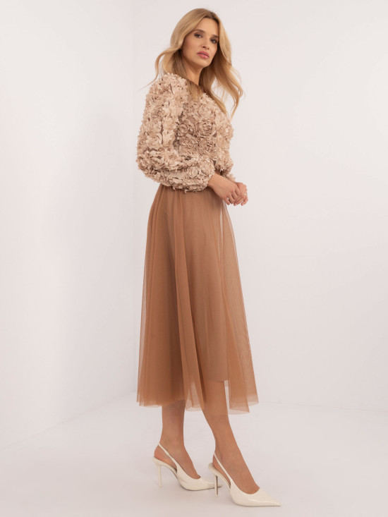 Fustă midi din tull în culoarea camel