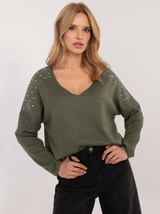 Pulover elegant khaki cu aplicație
