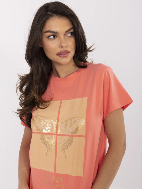 Tricou portocaliu stilat cu aplicație