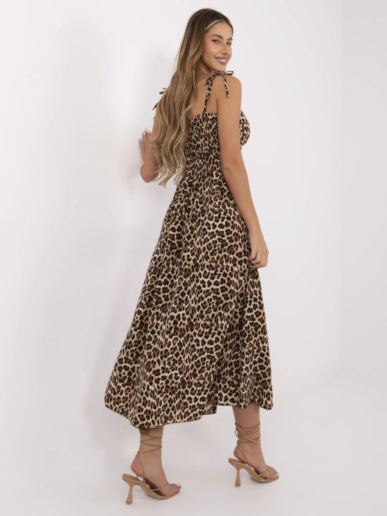 Rochie evazată neagră și bej cu model animalier