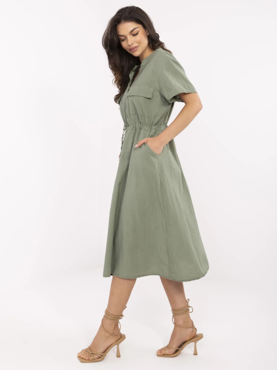 Rochie khaki evazată cu mâneci scurte
