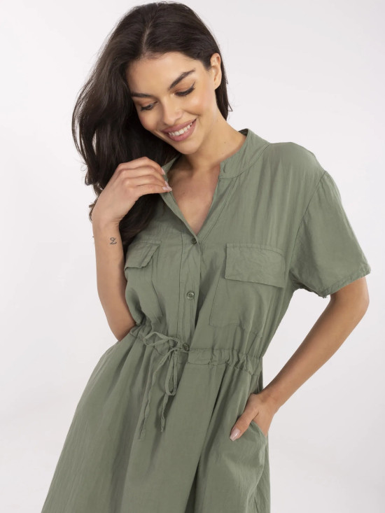 Rochie khaki evazată cu mâneci scurte