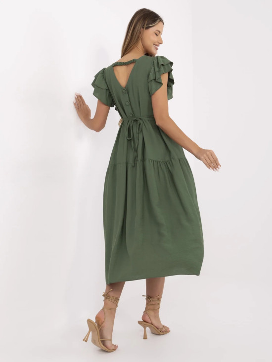 Rochie khaki cu croi evazat și decolteu în V