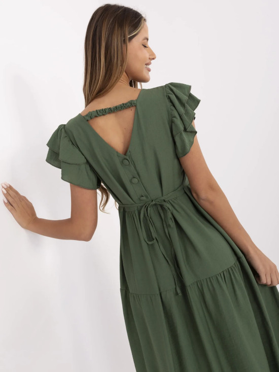 Rochie khaki cu croi evazat și decolteu în V