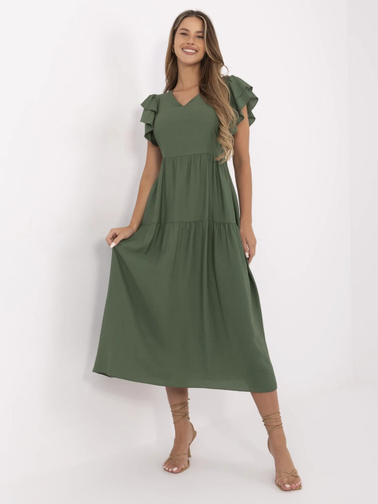 Rochie khaki cu croi evazat și decolteu în V