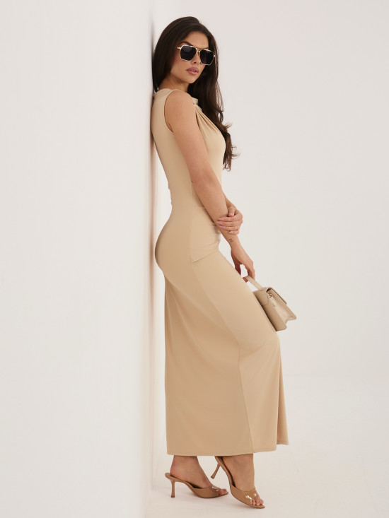 Rochie midi tip creion bej fără mâneci