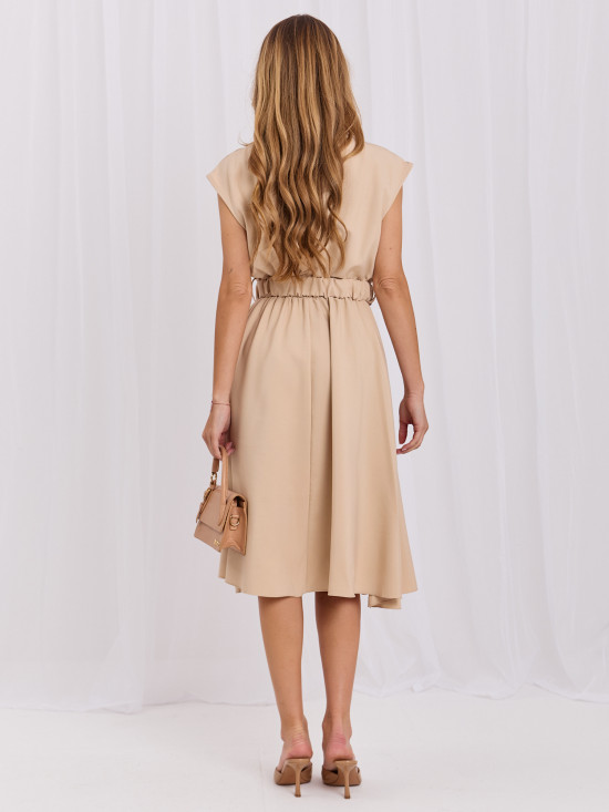 Rochie midi bej evazată cu curea