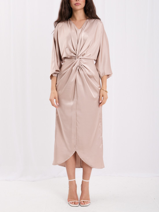 Rochie midi bej asimetrică cu mâneci 3/4