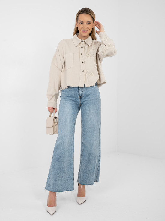 Geacă scurtă din denim bej cu aplicații florale