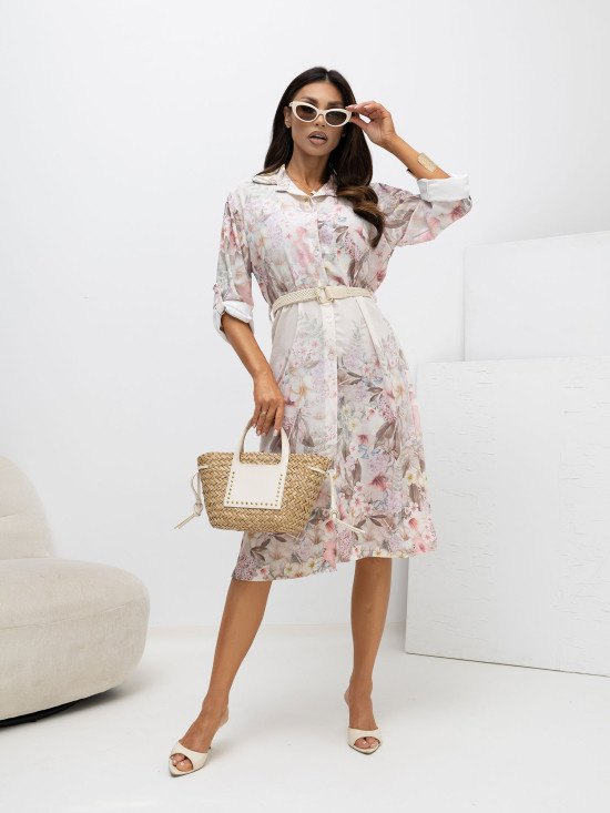 Rochie bej evazată cu imprimeu floral
