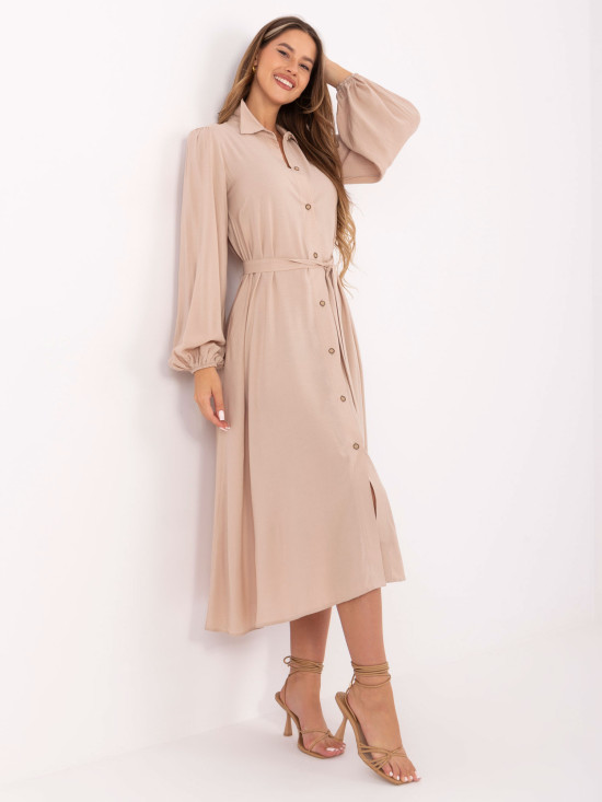 Rochie midi elegantă bej cu mâneci lungi