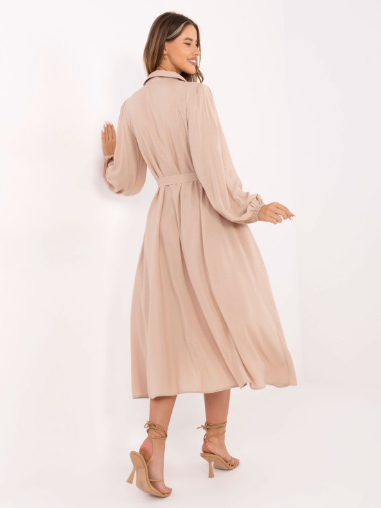 Rochie midi elegantă bej cu mâneci lungi