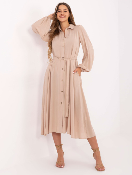 Rochie midi elegantă bej cu mâneci lungi