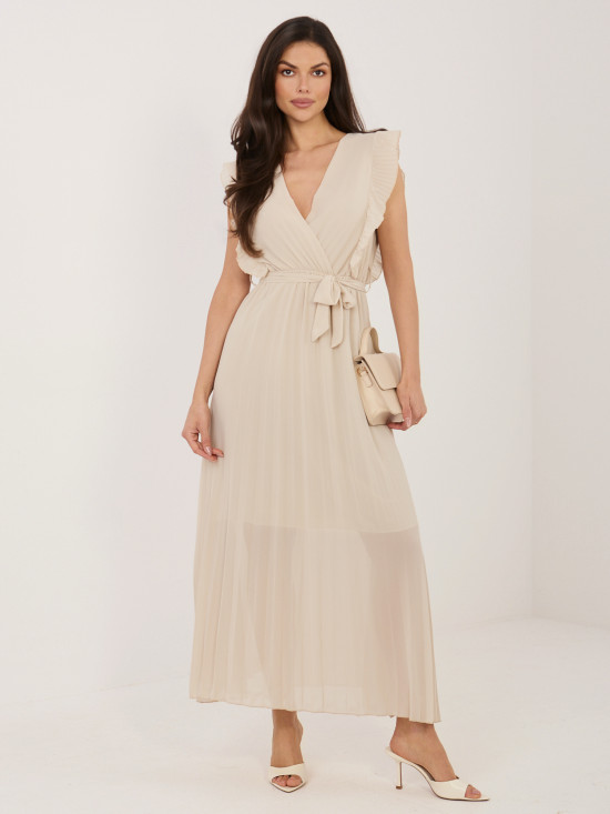 Rochie midi bej evazată cu curea