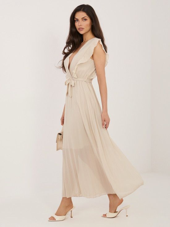 Rochie midi bej evazată cu curea