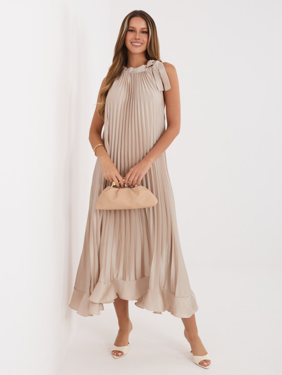 Rochie midi bej de cocktail cu cordon și volan