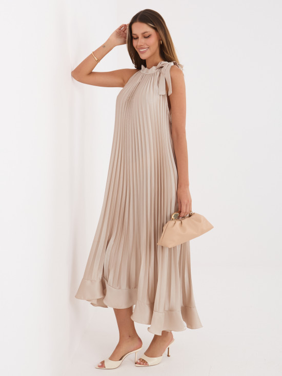 Rochie midi bej de cocktail cu cordon și volan