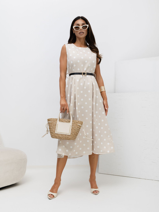 Rochie midi bej cu buline și curea