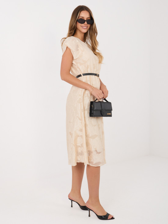 Rochie midi bej evazată cu curea